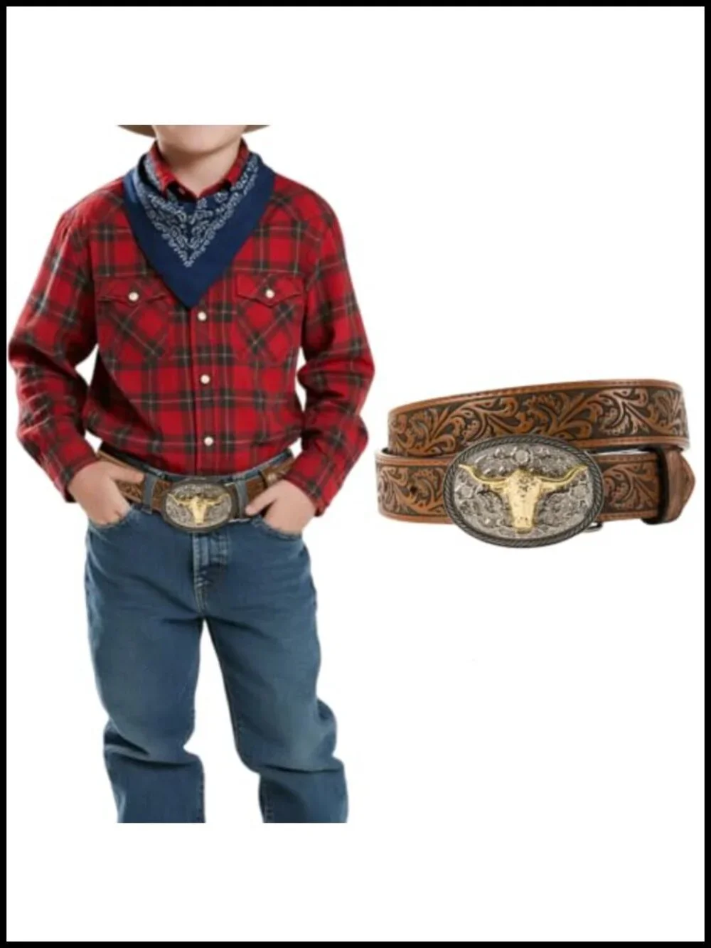 Western Belt - Adjustable Leather Belt with Longhorn Bull Buckle